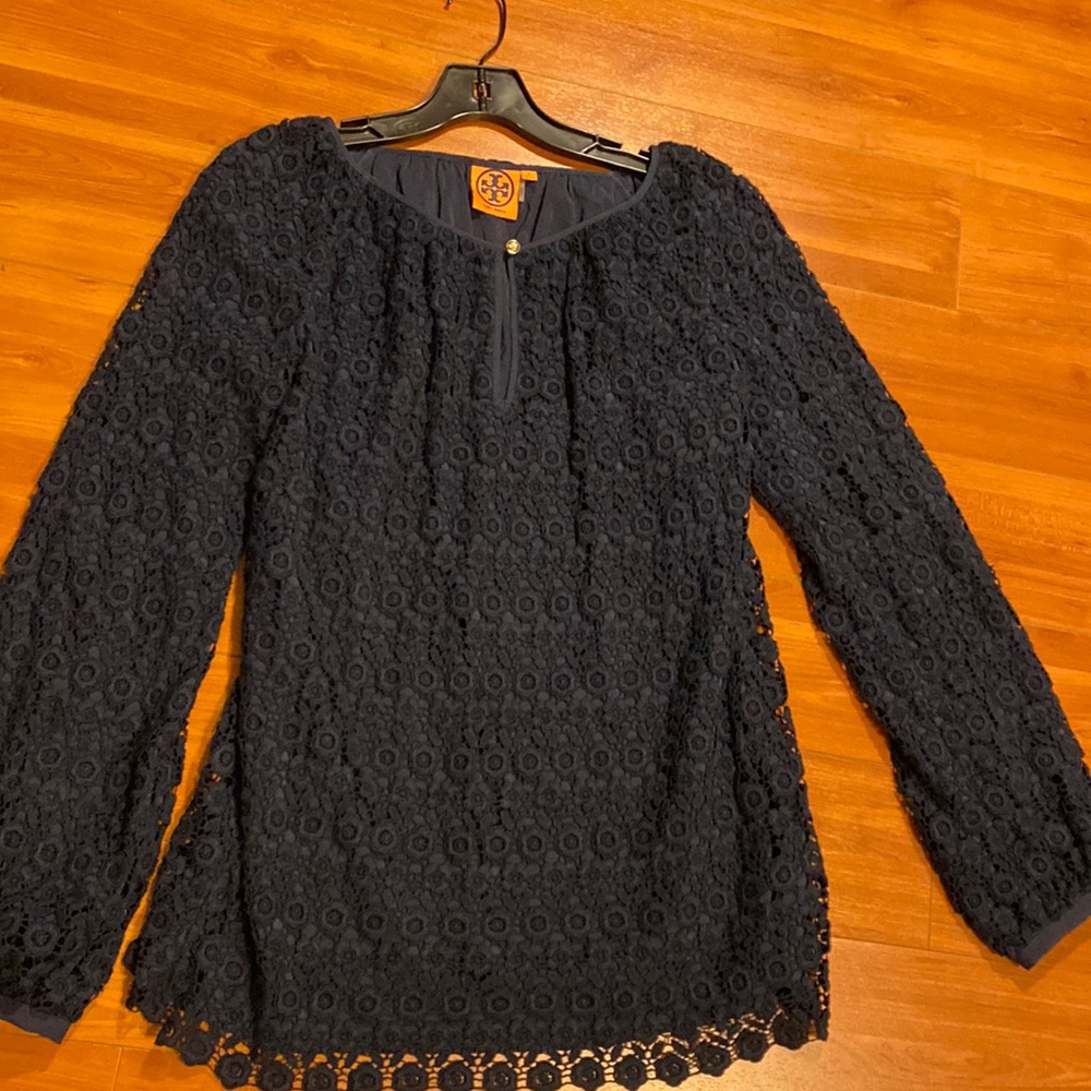 Tory Burch lace - fully lined navy crochet top size 8 excellent condition!